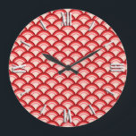 Art Deco wave pattern - coral red and pink Große Wanduhr<br><div class="desc">An Art Deco pattern based on the traditional wave pattern,  often seen in Japanese textiles,  in shades of coral from deep coral red to pale coral pink</div>