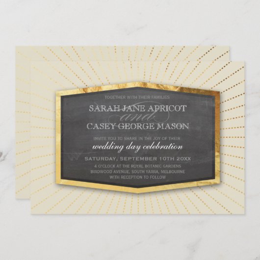 ART DECO WEDD Gold Sonnenburst graue Elfenbeincrem Einladung (Vorne/Hinten)