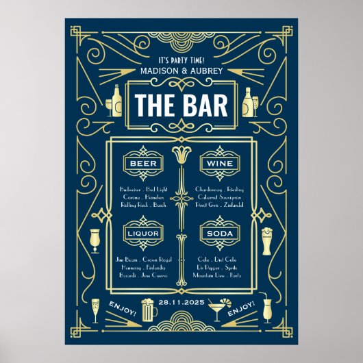Art Deco Wedding Bar Menu Weinkultur und Erde Part Poster (Vorne)