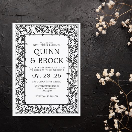 Art Deco Wedding Black and White Foliage Einladung