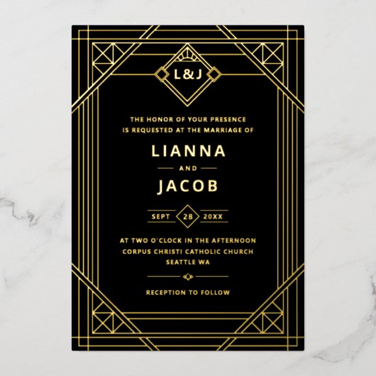 Art Deco Wedding Black Gold Foil Einladung (Vorderseite)