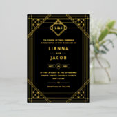 Art Deco Wedding Black Gold Foil Einladung (Stehend vorne)