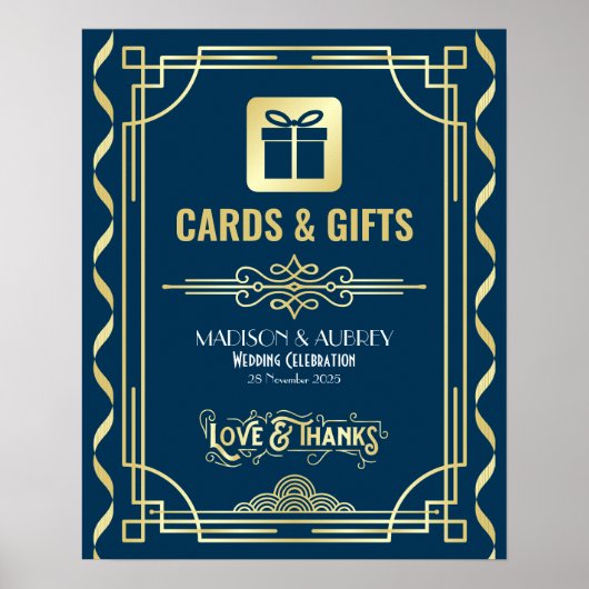 Art Deco Wedding Cards & Gifts Gold Blue Sign Poster (Vorne)