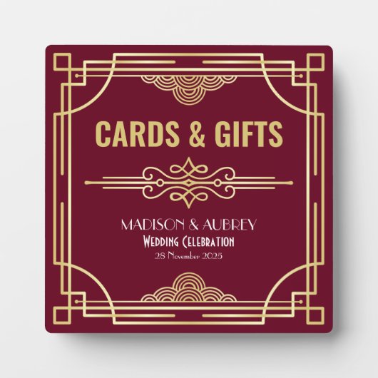 Art Deco Wedding Cards & Gifts Gold Burgundy Zeich Fotoplatte (Vorderseite)