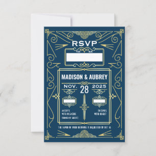 Art Deco Wedding Classy Gold Blue UAWG Response RSVP Karte