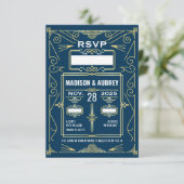 Art Deco Wedding Classy Gold Blue UAWG Response RSVP Karte (Stehend Vorderseite)