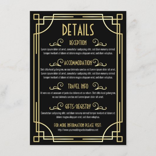 Art Deco Wedding Details Karte Informationen (Vorderseite)