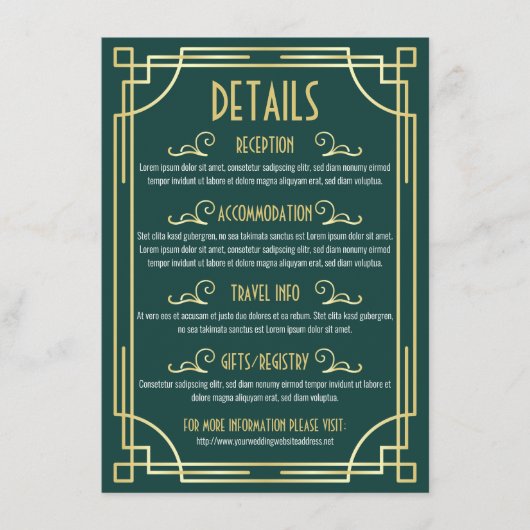 Art Deco Wedding Details Karte Informationen (Vorderseite)