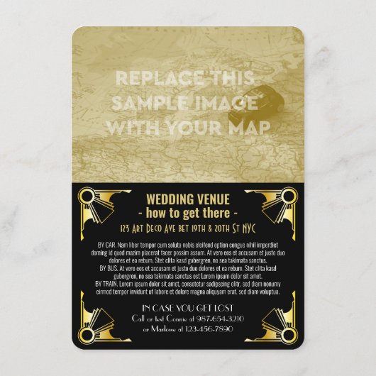 Art Deco Wedding Details Wegbeschreibung Gold Schw Begleitkarte (Rückseite)