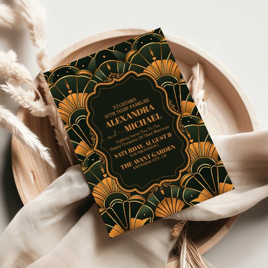 Art Deco Wedding Diamond Gold und Green Einladung
