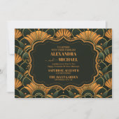 Art Deco Wedding Diamond Gold und Green Einladung (Vorderseite)