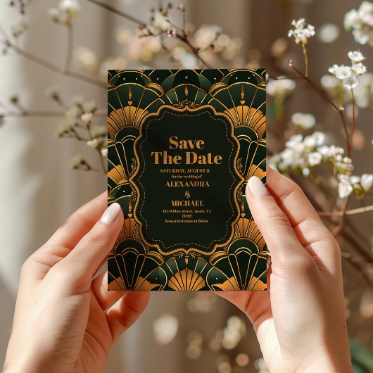Art Deco Wedding Diamond Gold und Green Save The Date