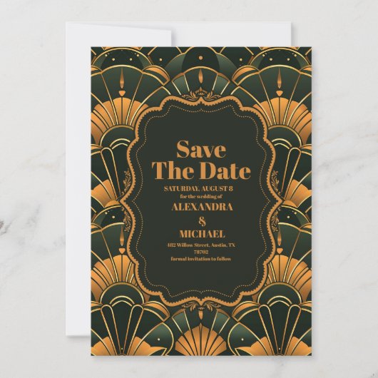 Art Deco Wedding Diamond Gold und Green Save The Date (Vorderseite)