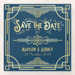 Art Deco Wedding Elegante Gold Blue Save the Date Glasuntersetzer