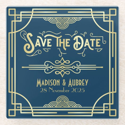 Art Deco Wedding Elegante Gold Blue Save the Date Glasuntersetzer (Vorderseite)
