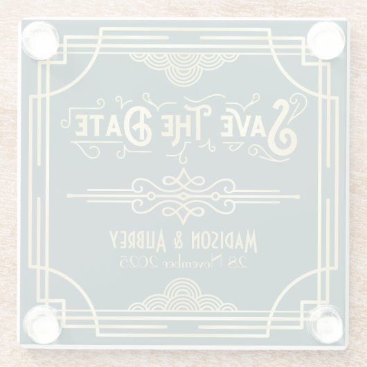 Art Deco Wedding Elegantes Gold Green Save the Dat Glasuntersetzer (Rückseite)