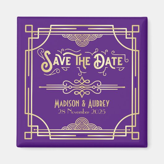 Art Deco Wedding Elegantes Gold Save the Date Lila Magnet (Vorne)