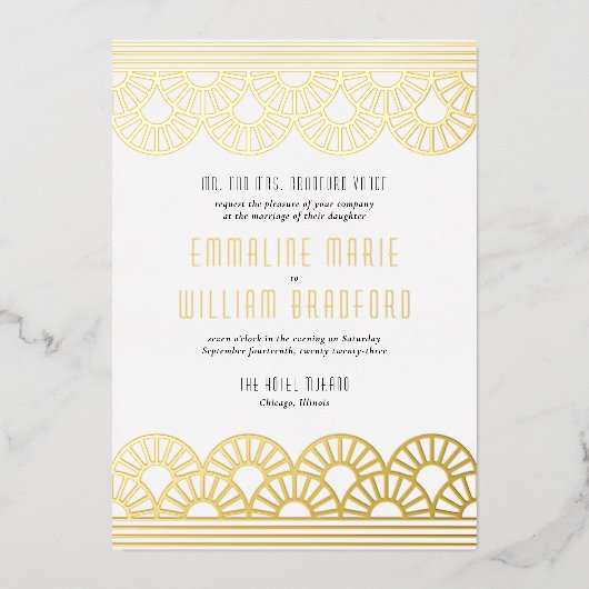 Art Deco Wedding Fan White Gold Einladung (Vorderseite)