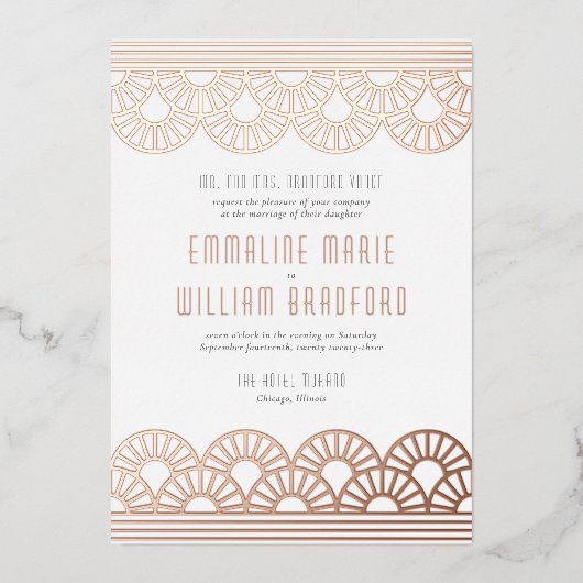Art Deco Wedding Fan White Rose Gold Folieneinladung (Vorderseite)