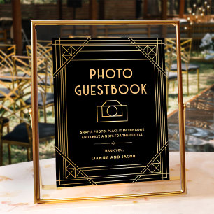 Art Deco Wedding Foto Gästebuch Black Gold Sign