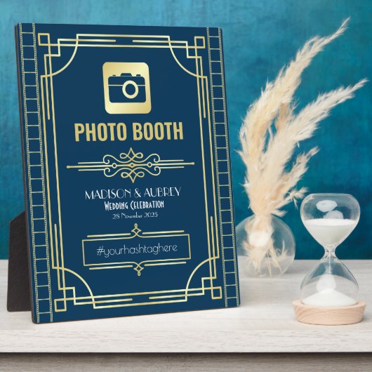 Art Deco Wedding Foto Stand Gold Blue Sign Fotoplatte (Seite)