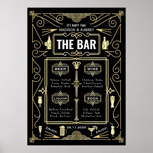 Art Deco Wedding Gold Black Great Gatsby Bar Menu Poster (Vorne)