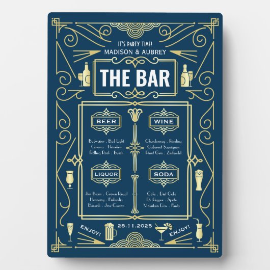 Art Deco Wedding Gold Blue Open Bar Menu Fotoplatte (Vorderseite)