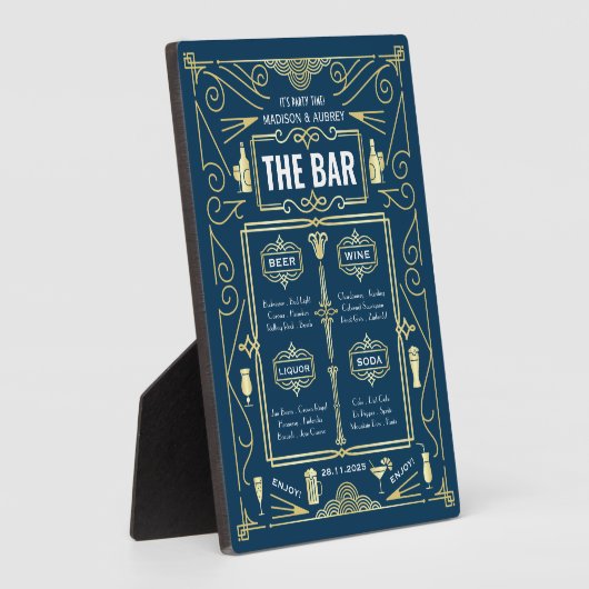 Art Deco Wedding Gold Blue Open Bar Menu Fotoplatte (Seite)