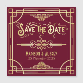 Art Deco Wedding Gold Burgundy Save the Date Magnetkarte
