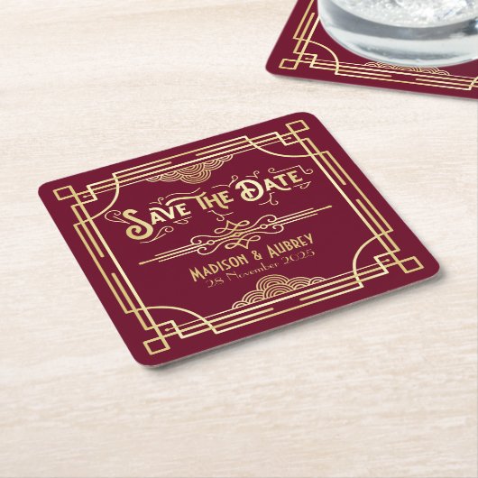 Art Deco Wedding Gold Burgundy Save the Date Rechteckiger Pappuntersetzer (angewinkelt)