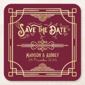 Art Deco Wedding Gold Burgundy Save the Date Rechteckiger Pappuntersetzer (Vorderseite)