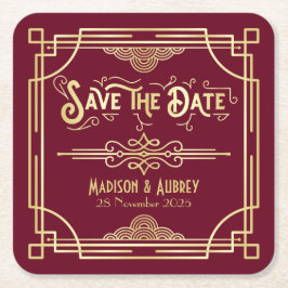 Art Deco Wedding Gold Burgundy Save the Date Rechteckiger Pappuntersetzer