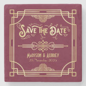 Art Deco Wedding Gold Burgundy Save the Date Steinuntersetzer (Vorderseite)