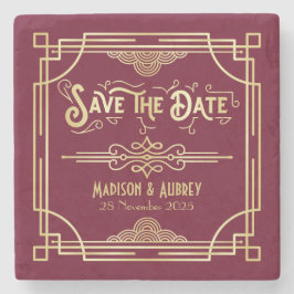 Art Deco Wedding Gold Burgundy Save the Date Steinuntersetzer