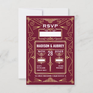 Art Deco Wedding Gold Burgundy UAWG Response RSVP Karte