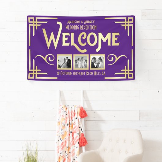 Art Deco Wedding Gold Drei Foto Willkommen Lila Banner (Insitu)