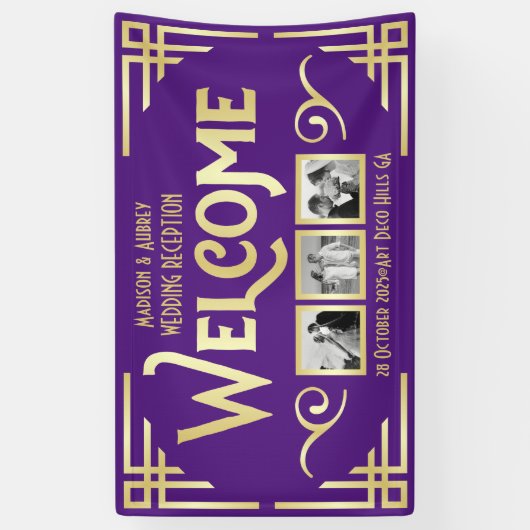Art Deco Wedding Gold Drei Foto Willkommen Lila Banner (Vertikal)
