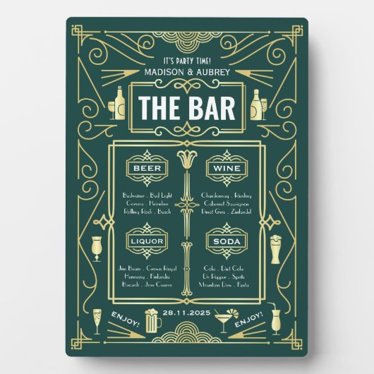 Art Deco Wedding Gold Green Open Bar Menu Fotoplatte (Vorderseite)