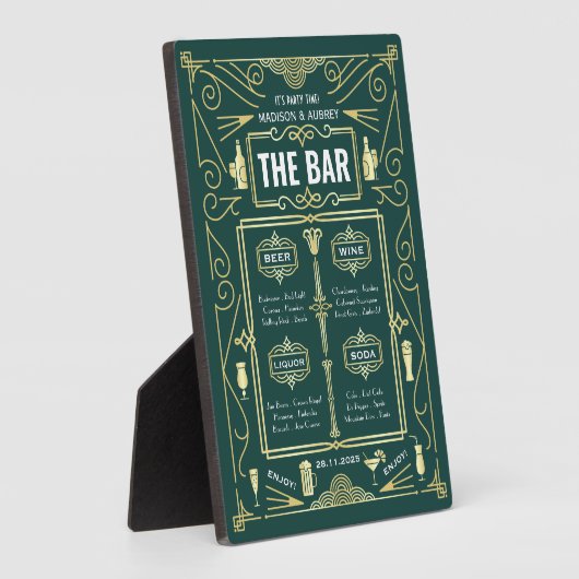 Art Deco Wedding Gold Green Open Bar Menu Fotoplatte (Seite)