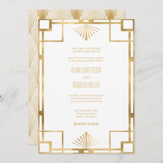 Art Deco Wedding | Gold und Weiße Einladungen (Vorne/Hinten)