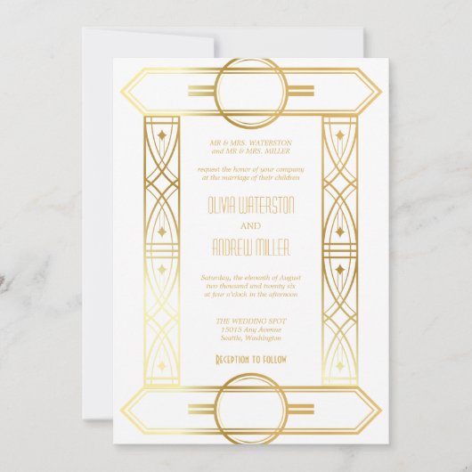 Art Deco Wedding | Gold und Weiße Einladungen (Vorderseite)