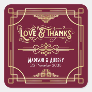 Art Deco Wedding Liebe & Dank Gold Burgundy Gefall Quadratischer Aufkleber