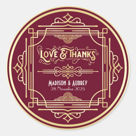 Art Deco Wedding Liebe & Dank Gold Burgundy Gefall Runder Aufkleber (Vorderseite)