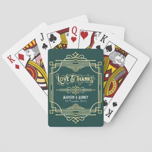 Art Deco Wedding Liebe & Dank Gold Green Gefallen Spielkarten (Rückseite)