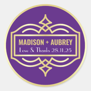 Art Deco Wedding Liebe & Dank Gold Lila Gefallen Runder Aufkleber