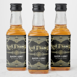 Art Deco Wedding Liebe & Danke Gold Black Fevor Alkoholflaschenetikett