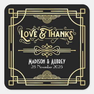 Art Deco Wedding Liebe & Danke Gold Black Fevor Quadratischer Aufkleber