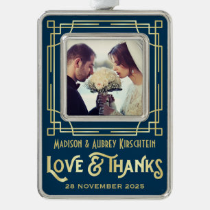 Art Deco Wedding Liebe & Danke Gold Blue Add Foto Rahmen-Ornament Silber