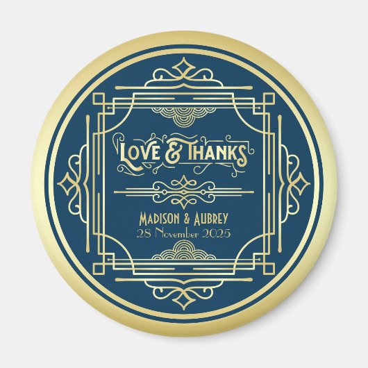 Art Deco Wedding Liebe & Danke Gold Blue Fevor Magnet (Vorne)
