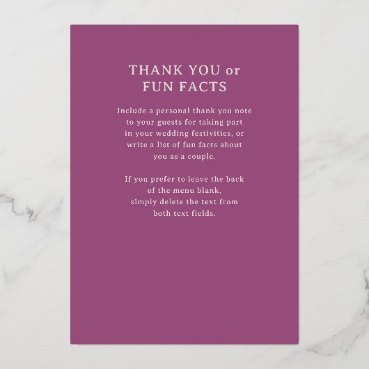 Art Deco Wedding Menü Gold Foil Card Folieneinladung (Rückseite)